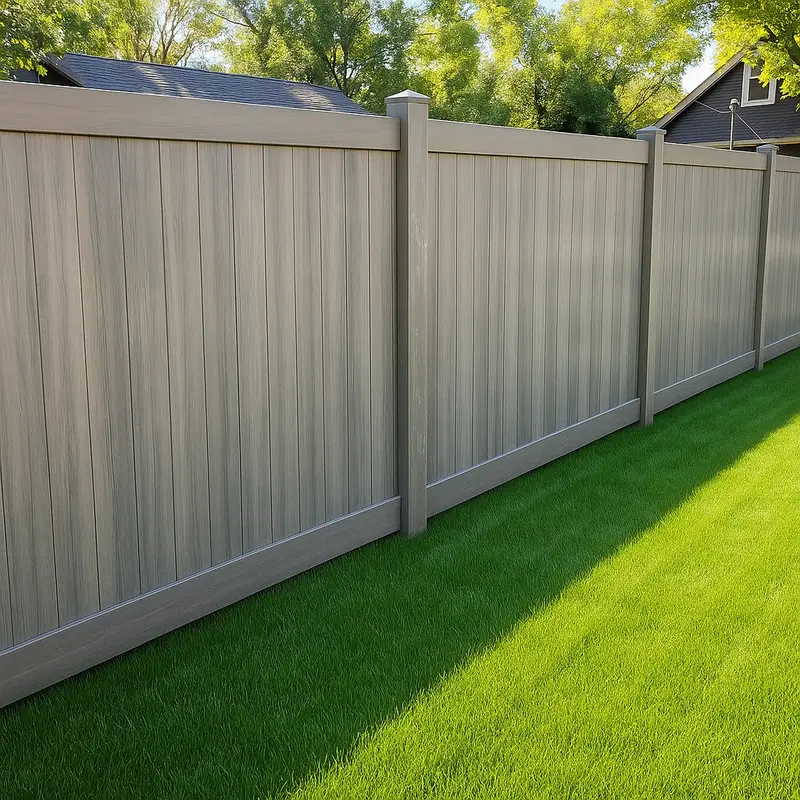 Tan beige vinyl privacy fence along a bright green backyard lawn in Saskatoon