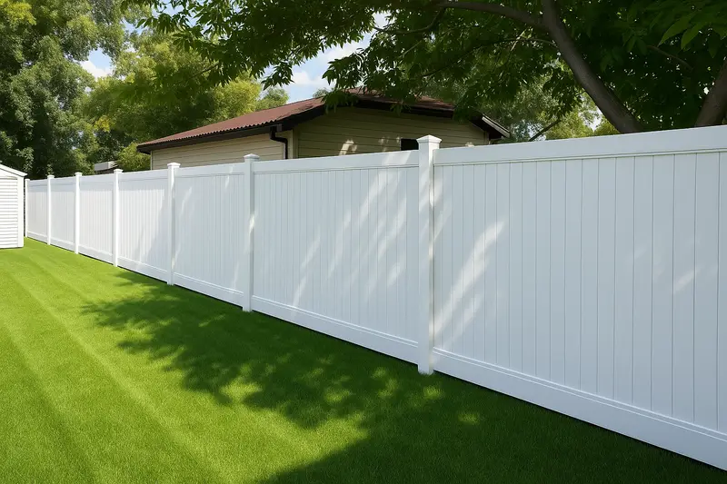 White vinyl privacy fence enclosing a green backyard lawn in Saskatoon Saskatchewan